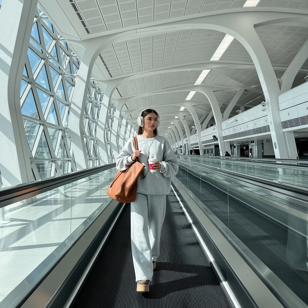 Person walking on a moving walkway in a modern architectural setting